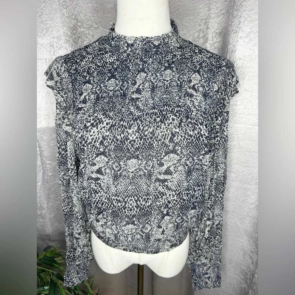 Free People Roma Chiffon Snake Combo Ruffle Puff Sleeve Blouse Black Sz S